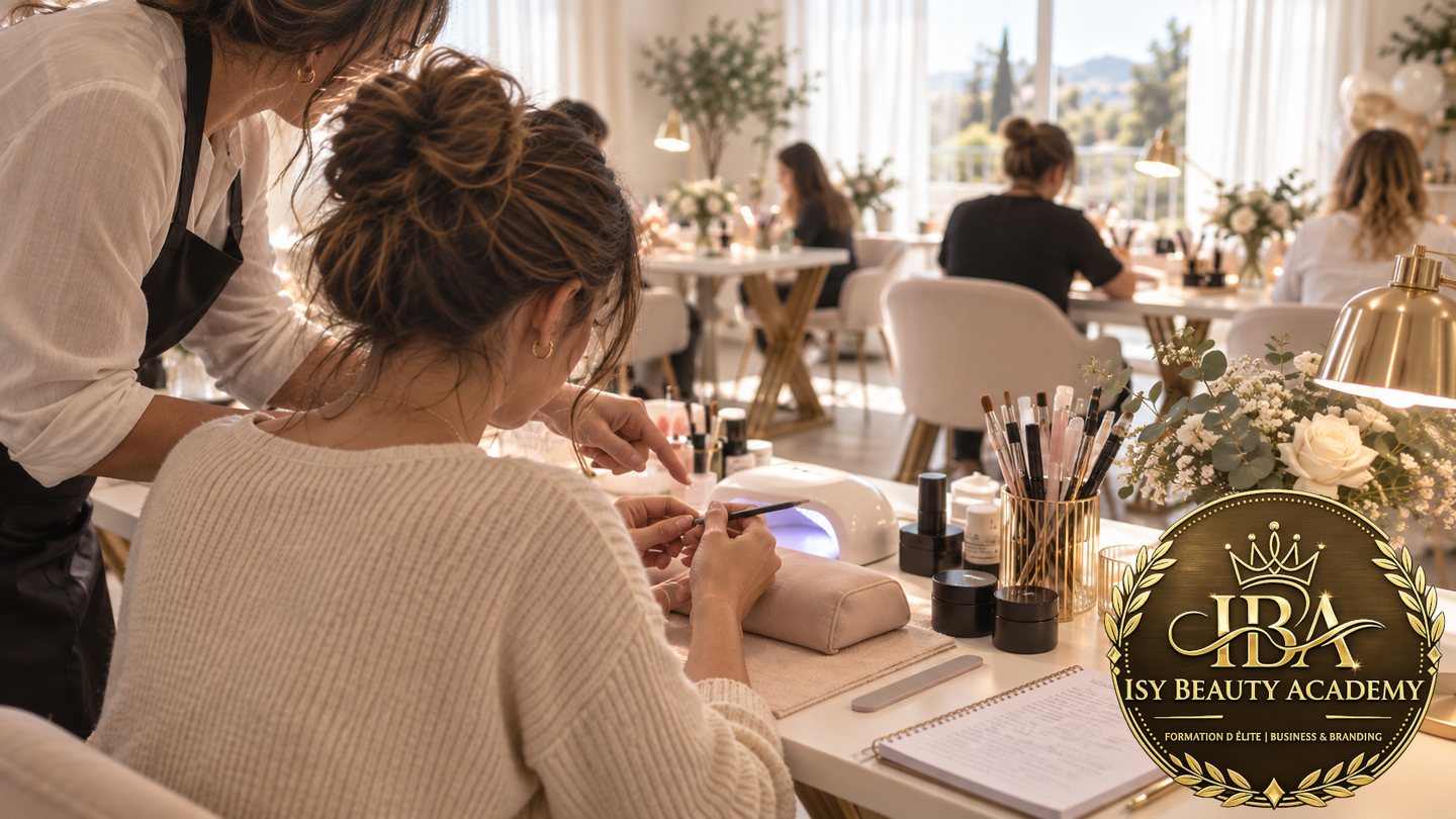 Formation Prothésiste Ongulaire Base Gel : une stagiaire construit en gel sur modèle, la formatrice corrige à son poste