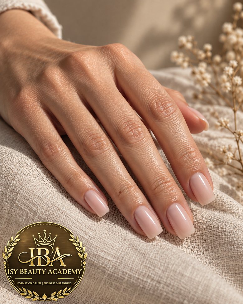 Résultat d'une pose Base Gel : forme carrée douce de longueur salon, finition nude brillante, parallèles régulières