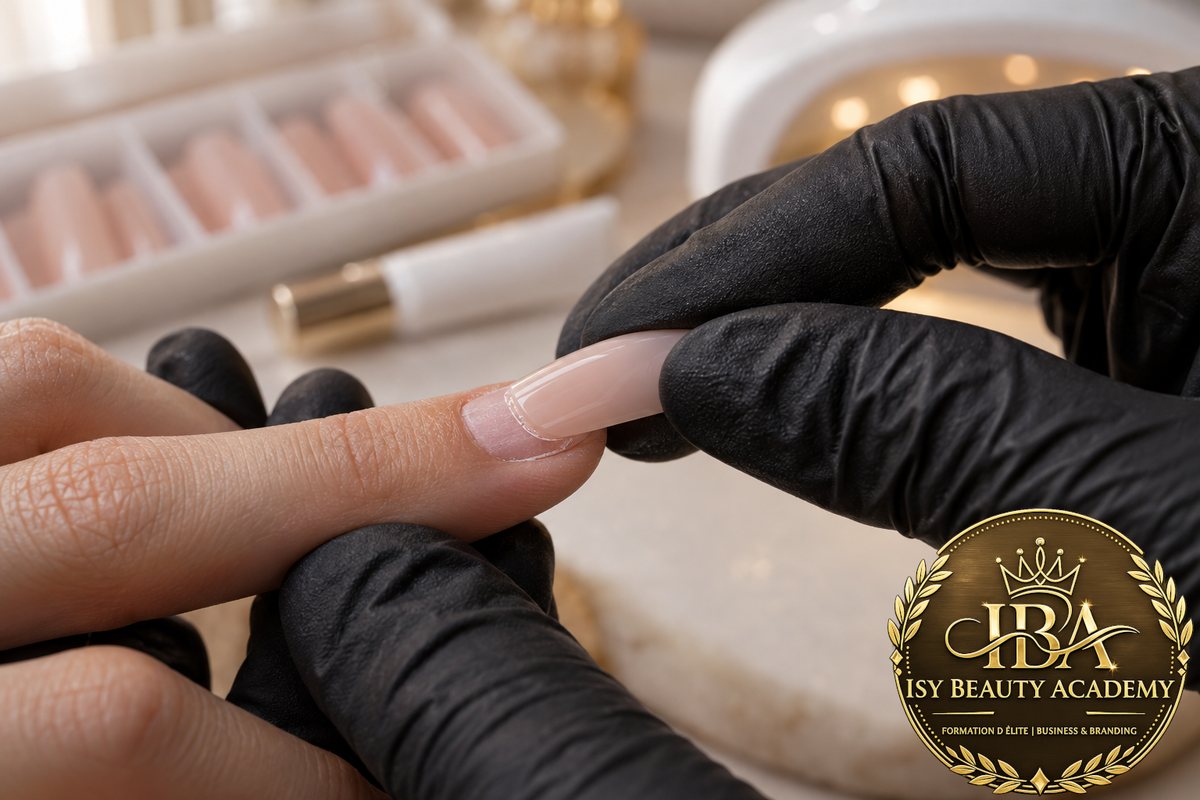 Pose d'une capsule couvrante sur l'ongle naturel matifié, appliquée à faible angle pour éviter les bulles