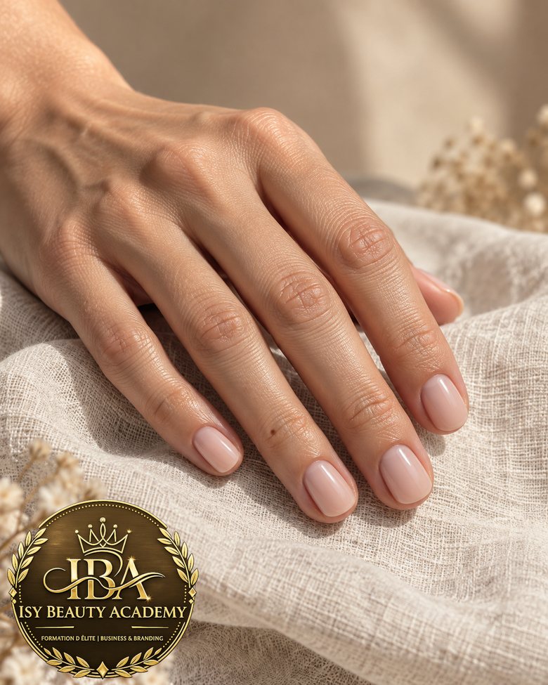 Résultat d'une initiation : ongles naturels courts, finition nude brillante, cuticules nettes