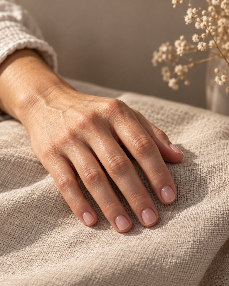 Résultat d'une première reconstruction sur ongles rongés : extension courte, ligne de cuticule nette, finition nude brillante