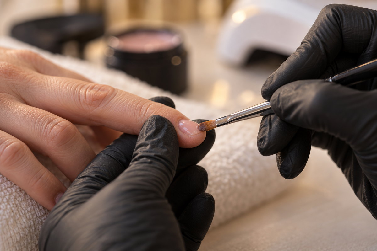 Gros plan sur une reconstruction d'ongle rongé : le gel de construction est déposé sur une plaque très courte pour une extension courte