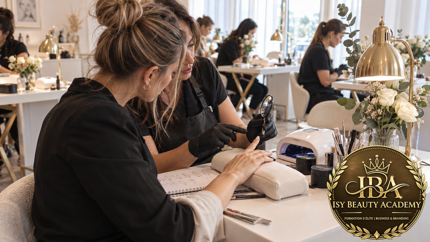 Formation de perfectionnement : la formatrice examine à la loupe la pose d'une prothésiste en activité et commente le geste