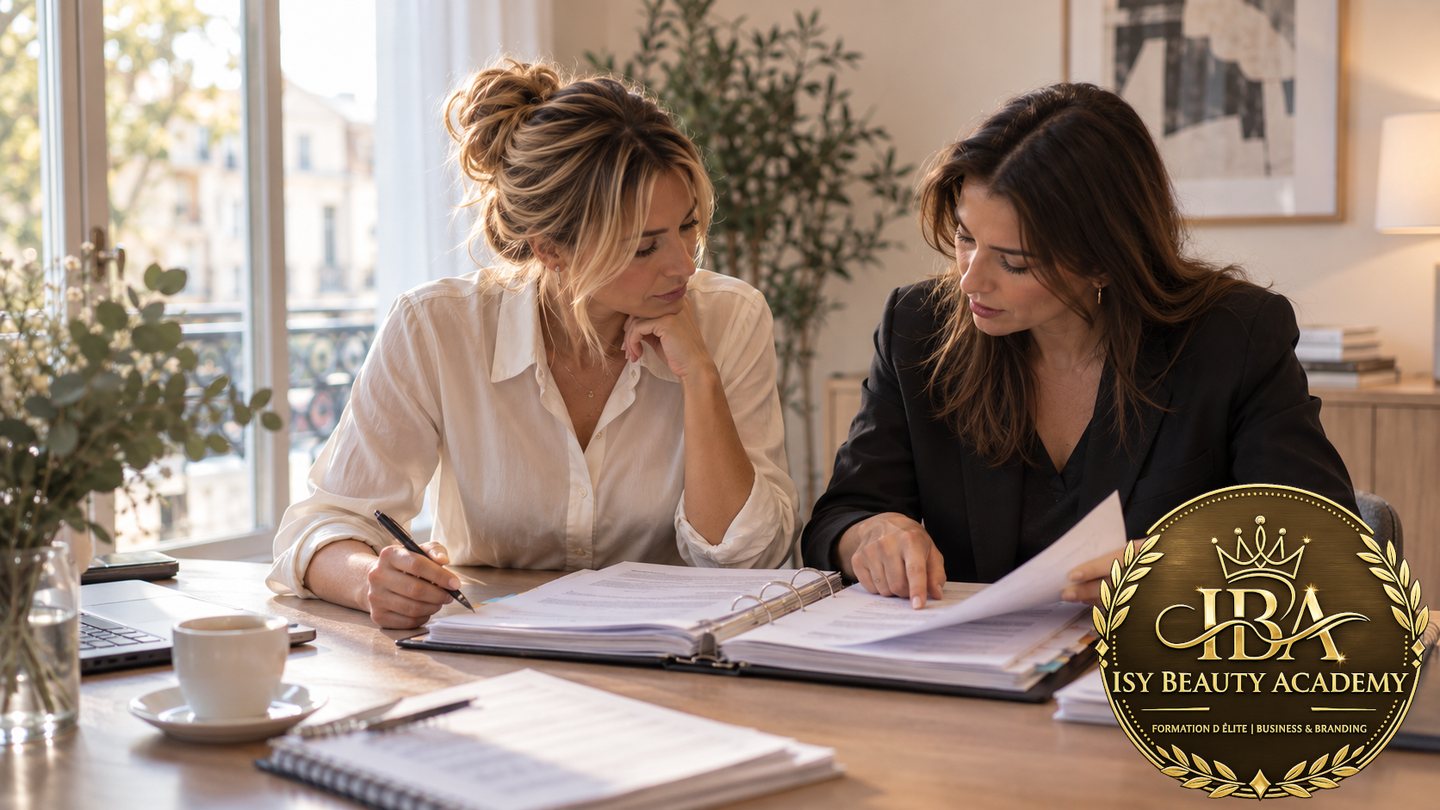 Séance de travail sur un dossier Qualiopi : deux professionnelles côte à côte examinent le classeur de preuves