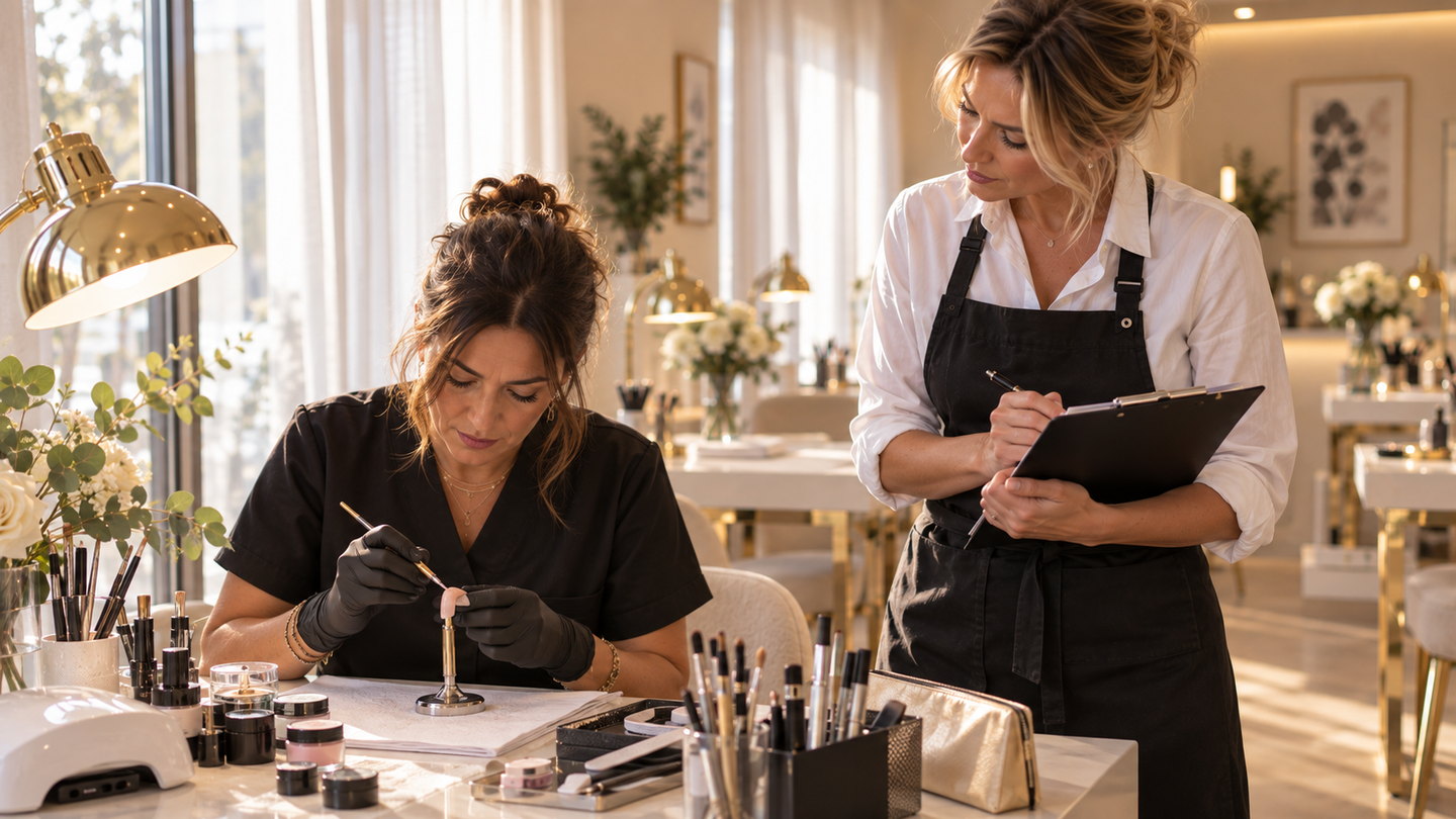 Formation RESTART à ISY Beauty Academy : le diagnostic individuel du premier jour, la stagiaire travaille selon sa méthode habituelle pendant que la formatrice observe et note