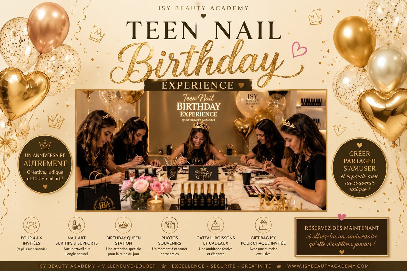 Teen Nail Birthday Experience — la Birthday Queen et ses invitées autour de la table de création
